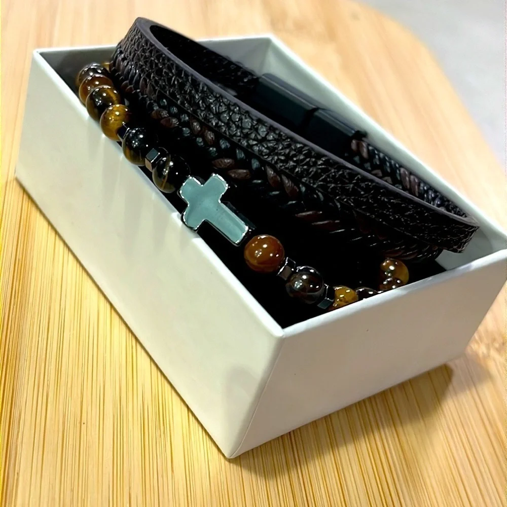Brand New Men's Beaded Braided Leather Metal Cross Bracelet Magnetic Clasp